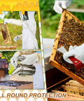 All In One Beekeeping Starter Kit With 30 Piece Gear And Protective Jacket For Beginners To Pros, showing beehive frame and tools.