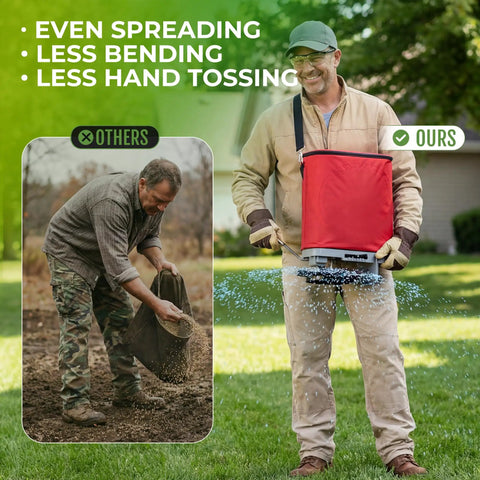 Man using red 25 Lb Handheld Seed Spreader With Enclosed Metal Gears, Rear Baffle, Adjustable Flow Control, Durable Oxford Bag