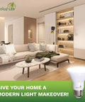Modern living room with LED PAR20 Bulbs 10 Pack Dimmable 5.5W Equal To 75W Soft White 3000K Daylight LED E26 displayed.