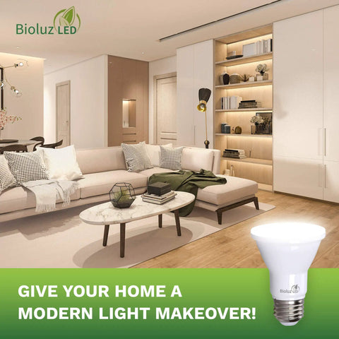 Modern living room with LED PAR20 Daylight Bulbs 5000K With 90 CRI Dimmable 5.5W Replaces 75W E26 Base 40 Degree Beam UL Listed.