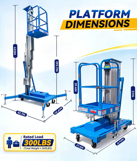 Pro Grade Electric Single Mast Aerial Lift Delivers 32 Foot 8 Inch Vertical Reach With 300 Pound Capacity dimensions and specifications.