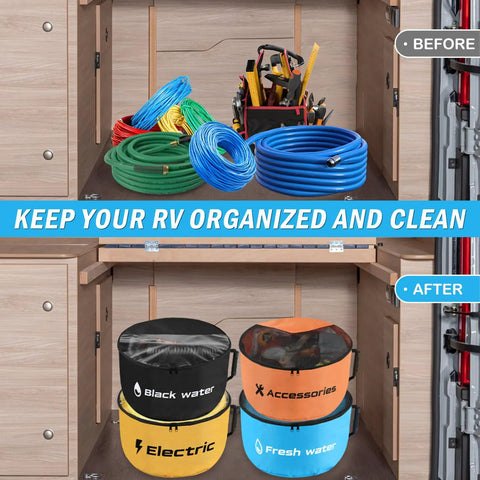 4 Pack RV Hose Storage Bags With Visible Cover And Two Way Zipper, waterproof organizer for hoses and tools in RV cabinet
