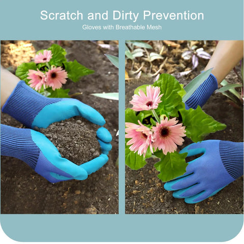 All In One Garden Tool Set For Every Yard Task With Rust Resistant Shovel And Trowel, blue gloves planting flowers