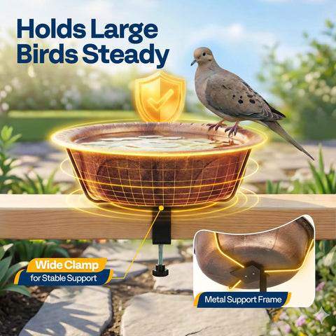 Top Shelf Deck Mounted Bird Bath Featuring Adjustable Heavy Duty Metal Clamp And All Weather Resistant Retro Bronze Finish Durable Plastic Basin Safe For Backyard Or Garden Use with large bird perched on basin.