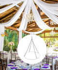 24 Inch Round Ceiling Canopy Hoop Hardware Kit White Metal For Ceiling Drape Hanging Ring, Easy Install Drape Kit For Wedding Ceremony Decor, Ceiling Draping Hoop Ring With Mounting Hardware, Drapes Not Included, shown in wedding setup with tables.