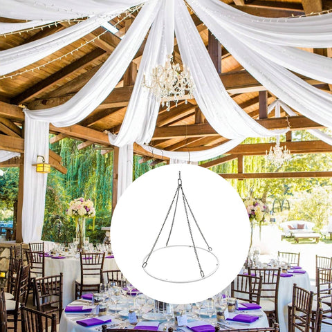 24 Inch Round Ceiling Canopy Hoop Hardware Kit White Metal For Ceiling Drape Hanging Ring, Easy Install Drape Kit For Wedding Ceremony Decor, Ceiling Draping Hoop Ring With Mounting Hardware, Drapes Not Included, shown in wedding setup with tables.