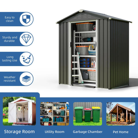 5x3 Ft Metal Outdoor Garden Storage Shed Waterproof Weather Resistant Steel Tool Storage House With Window And Lockable Double Doors