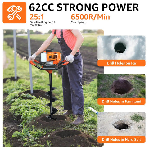 Beast 62cc Two-Stroke Gas Powered Post Hole Digger in use on farmland with ice, farmland, and hard soil drilling examples.