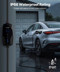 Level 2 Electric Vehicle Charger 32 Amp Adjustable With 25 Foot Cable Nema 14-50P Plug LCD display charging a car in rain