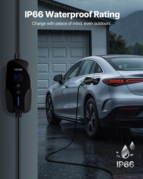 Level 2 Electric Vehicle Charger 32 Amp Adjustable With 25 Foot Cable Nema 14-50P Plug LCD display charging a car in rain