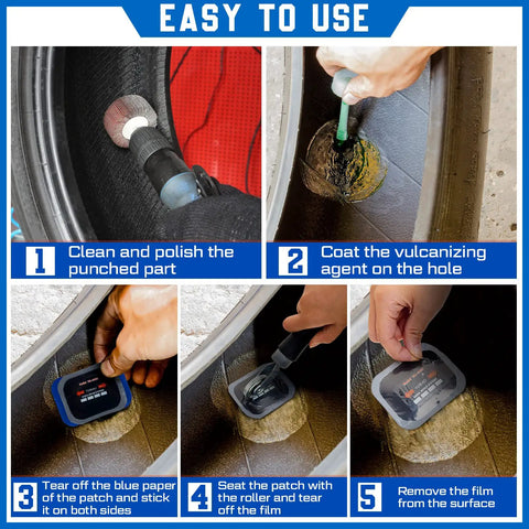 Step-by-step usage of 40 Piece Heavy Duty Tire Patch Kit With Rubber Patches For Cars Trucks Buses And More Radial Repair Patches