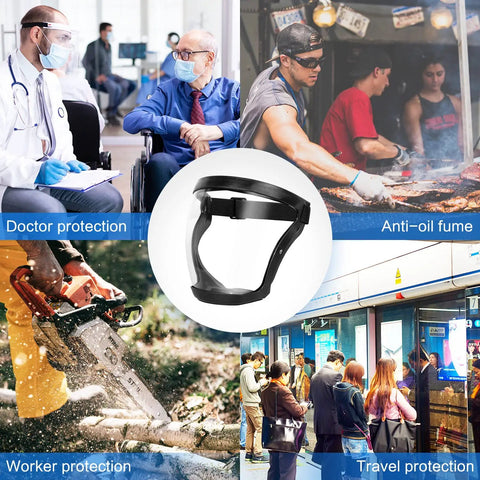 Collage: All In One Pro Grade Full Face Shield With Anti Fog Protection For Unisex Safety Gear used in various occupational settings.