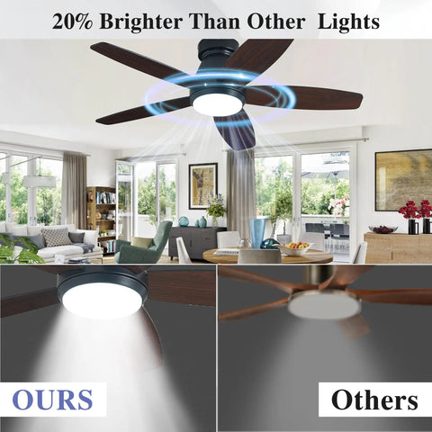 42 Inch Ceiling Fan With Lights And Remote Control For Indoor And Outdoor Use, Flush Mount Low Profile Reversible Dimmable Black And Wood Grain Finish For Living Room Patio Garage Shop
