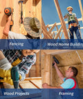 Collage of outdoor wood construction projects including fencing, wood home building, wood projects, and framing.