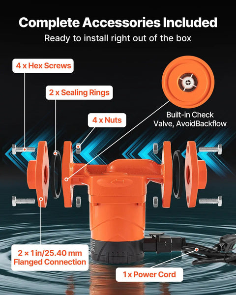 Top Shelf Cast Iron Hot Water Recirculation Pump, 16 Gpm Flow, Dead Quiet Operation, Inline Check Valve, Straightforward Setup For Dependable Home Heating Systems with included accessories.