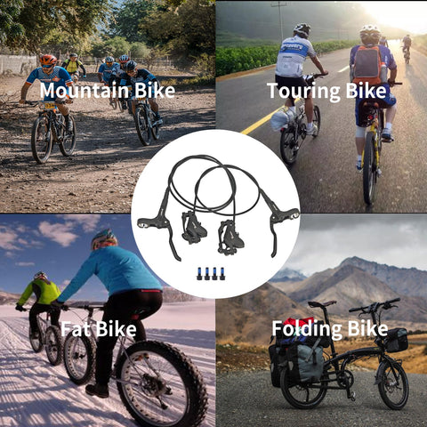 HAIKS MT200 hydraulic disc brake set, aluminum alloy, 2-piston calipers; shown with mountain, touring, fat, folding bikes.