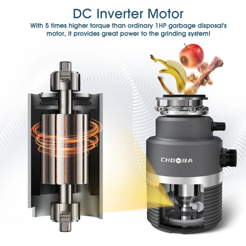 Super Quiet Garbage Disposal 1HP With Continuous Feed And Power Cord Light Gray Finish Five Layer Sound Insulation Thick Splash Guard And Powerful DC Motor For Fast Smooth Kitchen Food Waste Grinding with DC inverter motor illustration.