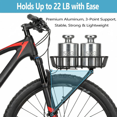 Front Bike Basket Rack With Adjustable Struts, Heavy Duty Aluminum Front Rack For 26 To 29 Inch Bikes, supports weight