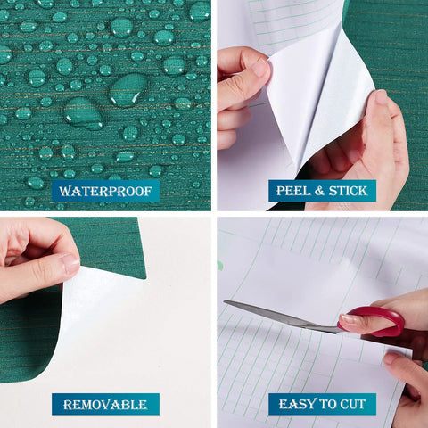 Teal Green Grasscloth Peel And Stick Wallpaper Roll 15.8x240 Inches Self Adhesive Removable Durable Thick Vinyl Waterproof Easy Cut