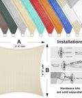 Beige 18x20 Foot Rectangle Sun Shade Sail Canopy For Patio Deck And Backyard Blocks Up To 95 Percent UV Heavy Duty 195GSM HDPE Fabric Not Waterproof D Ring Corners Outdoor Shade For Sun And Breeze installation guide with fabric options and hardware instructions.