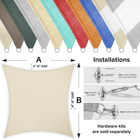 Beige 18x20 Foot Rectangle Sun Shade Sail Canopy For Patio Deck And Backyard Blocks Up To 95 Percent UV Heavy Duty 195GSM HDPE Fabric Not Waterproof D Ring Corners Outdoor Shade For Sun And Breeze installation guide with fabric options and hardware instructions.