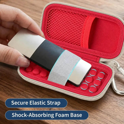 Solid Build Hard Case For Alivecor Kardiamobile One Lead 6L And 6L Max Featuring Shock Absorbing Foam Padding And Splash Resistant Shell For Commute Ready Storage, showing secure elastic strap and foam base.