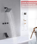 Three Handle Matte Black Tub And Shower Faucet Set With Waterfall Spout Four Point Eight Inch in modern bathroom setting