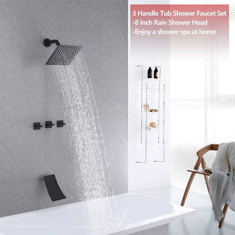 Three Handle Matte Black Tub And Shower Faucet Set With Waterfall Spout Four Point Eight Inch in modern bathroom setting