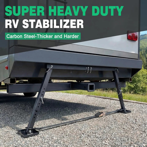 Heavy Duty RV Stabilizer That Fixes Rocking And Wobble Easy Install Steady Your Camper On Any Surface Adjustable 18.5 To 28 Inch Height With 10 Levels Universal RV Trailer Camper Stabilizer Accessory shown installed