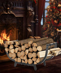 30-Inch Curved Firewood Rack, Heavy-Duty Steel Log Holder For Indoor And Outdoor Use, Keeps Wood Tidy On Patios And Small Spaces, Stable 1/8 Cord Storage, Black next to a fireplace and Christmas tree