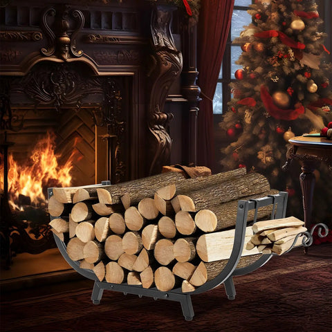 30-Inch Curved Firewood Rack, Heavy-Duty Steel Log Holder For Indoor And Outdoor Use, Keeps Wood Tidy On Patios And Small Spaces, Stable 1/8 Cord Storage, Black next to a fireplace and Christmas tree