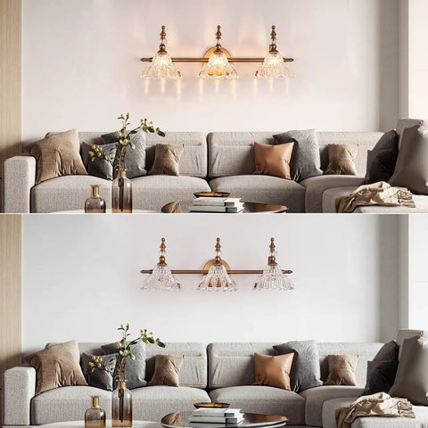Living room with Matte Brass Vanity Light Over Mirror With Two Lights, Modern Wall Sconce lit and unlit above sofa