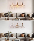 Matte Brass Three Light Vanity Light Over Mirror Modern Wall Sconce Fixture For Bathroom Bedroom Dressing Room And Living Room With Flower Shaped Design, shown above grey sofa.