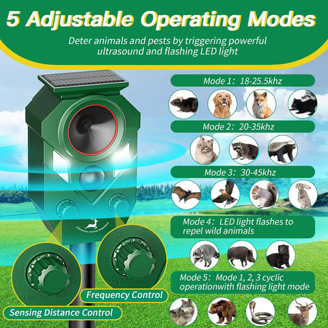 Solar Powered Ultrasonic Animal Repellent With Motion Sensor For Outdoor Yards And Gardens, LED Flashing Lights To Deter Deer Coyotes Raccoons And Cats, Humane Yet Effective Pest Deterrent For A Peaceful Pet Safe Yard. 5 adjustable modes