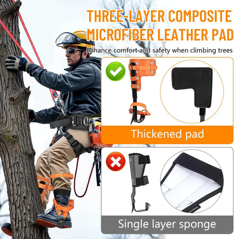 Person using Go To Tree Climbing Spikes Set With Alloy Steel Climbing Spurs One Pair 350 Lbs Load Capacity Rugged Arborist Gear.