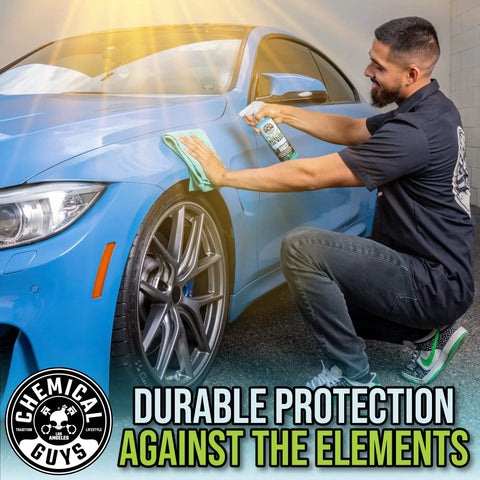 Man wipes blue car with Swift Wipe Waterless Car Wash Spray With High Lubrication Formula, No Water Needed, Wipe And Shine On The Go, Safe For All Finishes, Streak Free Finish, Safe For Clear Coat And Chrome, Great For Daily Detailing, 1 Gallon