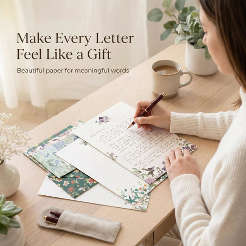 Person writing on Cute 66-Piece Stationery Kit With Envelopes No-Bleed Lined Paper Floral Designs For Beautiful Handwritten Notes Totally Giftable For Women