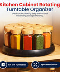 10 Inch Lazy Susan Turntable Set Of 4 Non Skid Cabinet Organizer with spices in a kitchen cabinet.