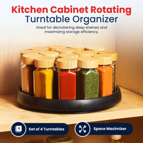 10 Inch Lazy Susan Turntable Set Of 4 Non Skid Cabinet Organizer with spices in a kitchen cabinet.