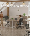 Modern office with L Shaped Standing Desk With Electric Height Adjustment For Corner Setup Reversible Left Or Right 63 By 55 Inches Sit Stand Computer Table In Maple Finish Ideal For Dual Monitors And Ample Workspace For A Boss Level Setup