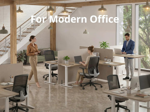 Modern office with L Shaped Standing Desk With Electric Height Adjustment For Corner Setup Reversible Left Or Right 63 By 55 Inches Sit Stand Computer Table In Maple Finish Ideal For Dual Monitors And Ample Workspace For A Boss Level Setup
