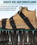 Green Heavy Duty Lawn Aerator Shoes With Spikes And Straps, One Size Fits All, worn over boot, illustrating soil aeration process