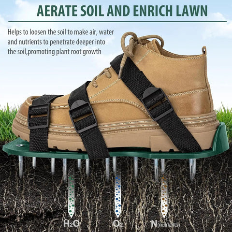Green Heavy Duty Lawn Aerator Shoes With Spikes And Straps, One Size Fits All, worn over boot, illustrating soil aeration process