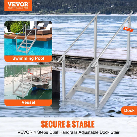 4 Step Dock Ladder With Dual Handrails 500 LB Load Aluminum Dock Stairs For Lake And Pool Adjustable Height Pontoon Boat Ladder With Wide Non Slip Pedals Marine Boarding For RV Or Home, silver