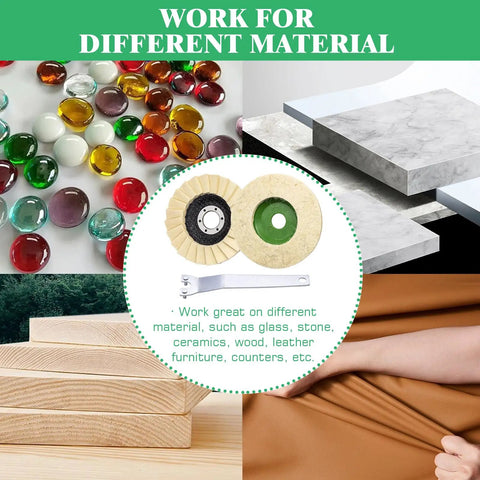 Image showcasing 11 Piece Wool Buffing And Polishing Wheel Kit For Angle Grinder, suitable for glass, wood, and leather surfaces.
