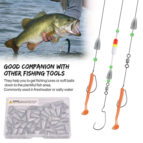 Bullet Fishing Sinkers 50 Pcs Set For Bass Texas Rig Weedless with tackle box and rigged fishing lines shown with bass fish catch.