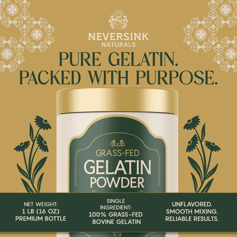 Grass Fed Unflavored Gelatin Powder For Everyday Cooking And Baking, 11g Protein jar with label details and decorative design