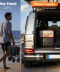 All Terrain Collapsible Wagon Cart with 25 Inch Foldable Design and 200 Lb Weight Capacity alongside SUV trunk packed with luggage.