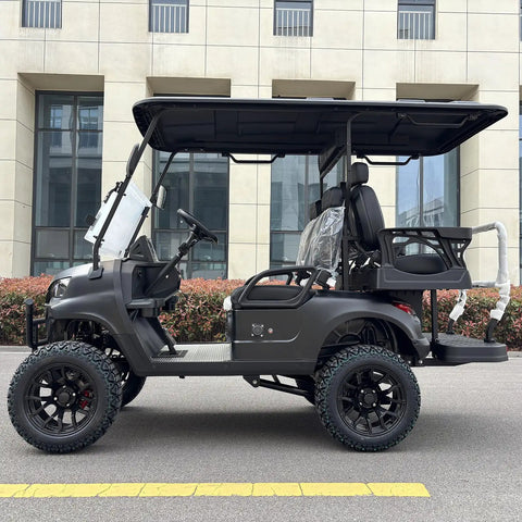 Top Notch Four Passenger Electric Golf Cart With One Touch Start And 48V 150Ah Lithium Battery in matte black with all-terrain tires.