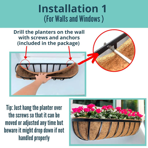 Installation of Slap These Black Metal Wall Planters On Any Deck Railing For A Quick Backyard Glow Up With A 2 Pack Of 24 Inch Outdoor Garden Boxes equipped with natural coco liners.